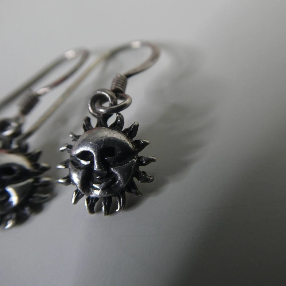 Sterling Silver Sun Face Dangle Fishhook Earrings… - image 3